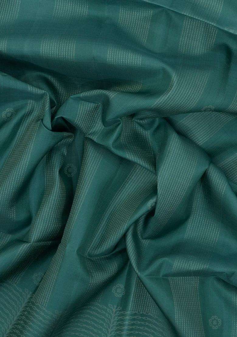 Shadow Green Handloom Soft Silk Saree With Stripes Floral Motifs With Buttas And Brocade Design For Women - Indya