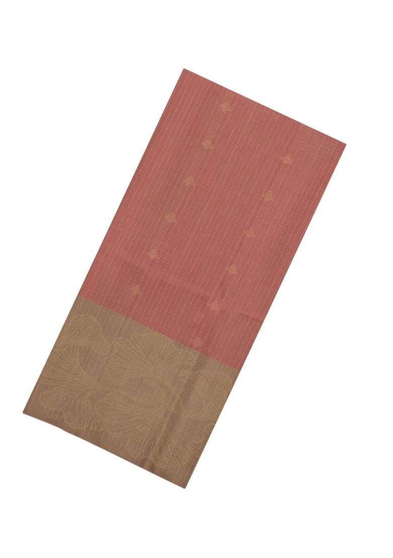 Dark Grey Dusty Peach Handloom Soft Silk Saree With Stripes Floral Motifs With Checks And Stripes Design For Women - Indya
