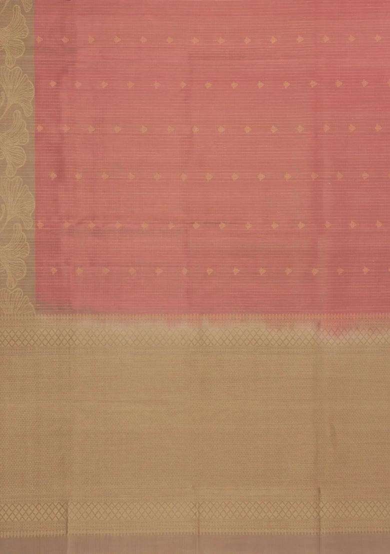 Dark Grey Dusty Peach Handloom Soft Silk Saree With Stripes Floral Motifs With Checks And Stripes Design For Women - Indya