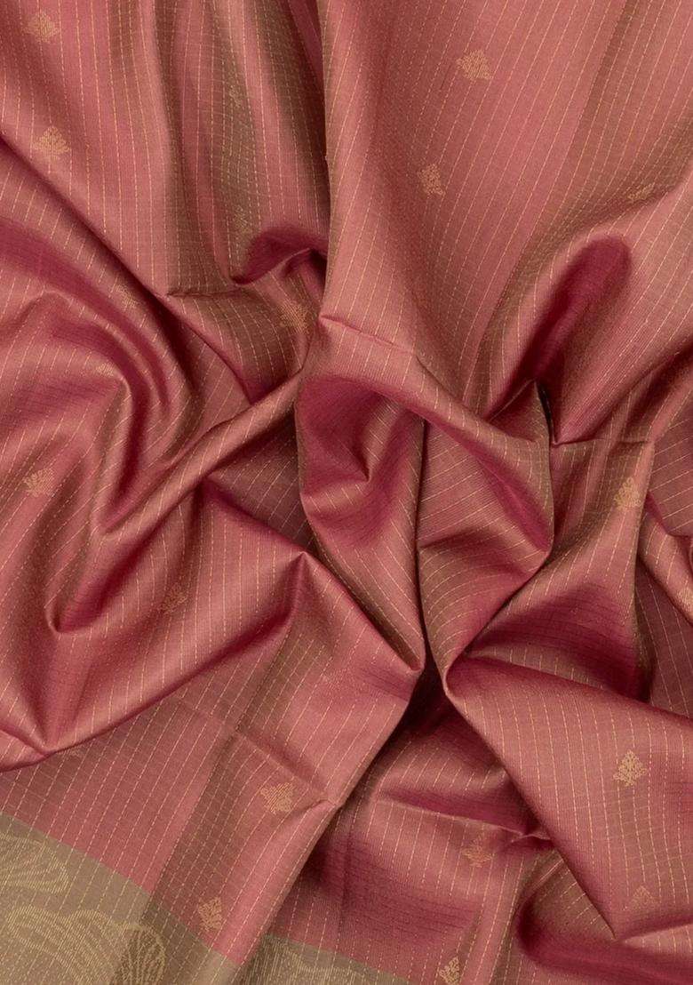 Dark Grey Dusty Peach Handloom Soft Silk Saree With Stripes Floral Motifs With Checks And Stripes Design For Women - Indya