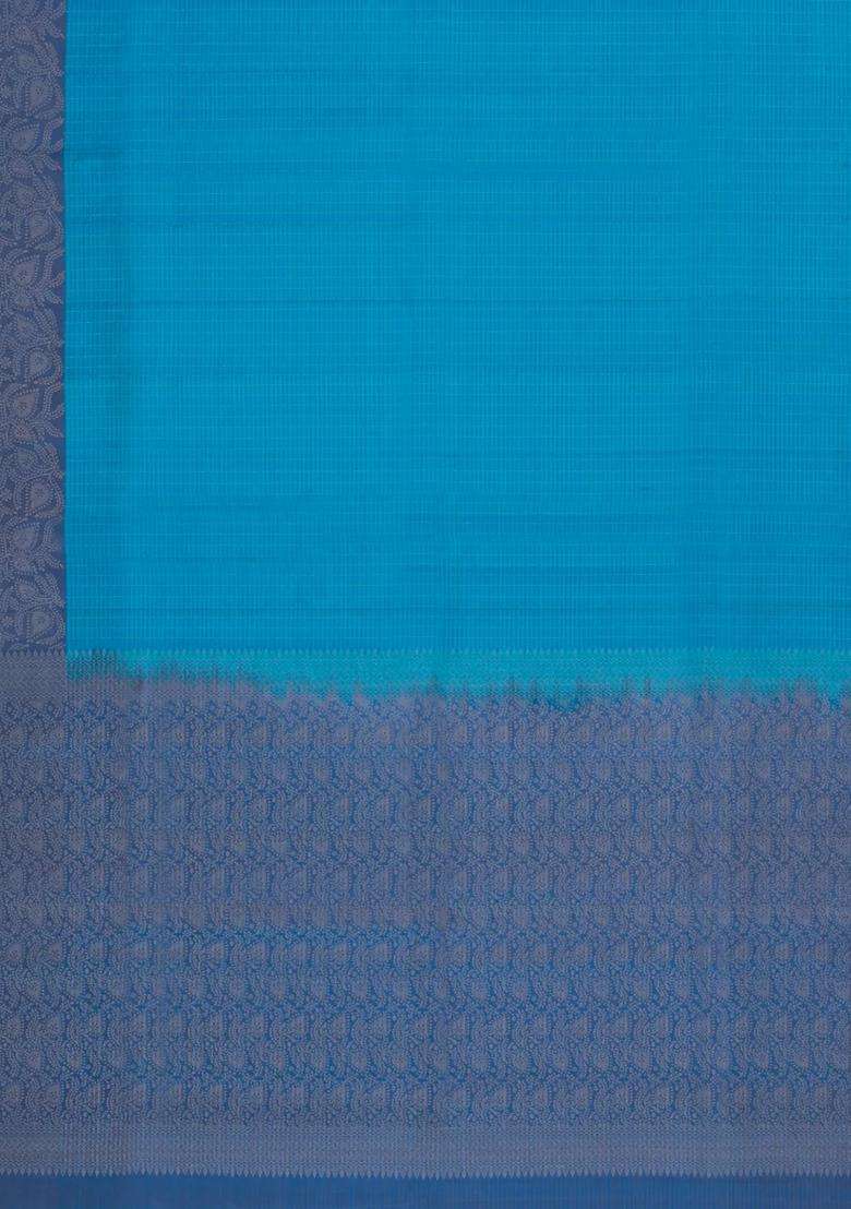 Sky Blue Handloom Soft Silk Saree With Checks Floral Border With Checks And Stripes Design For Women - Indya