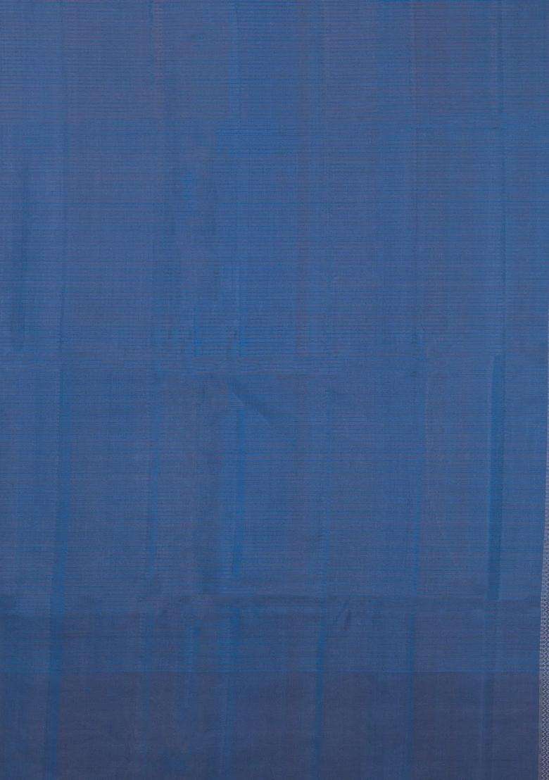 Sky Blue Handloom Soft Silk Saree With Checks Floral Border With Checks And Stripes Design For Women - Indya