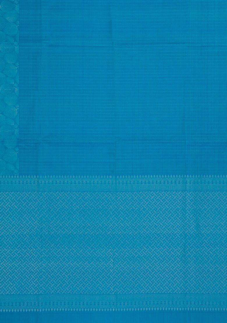 Cyan Handloom Soft Silk Saree With Checks Floral Border With Checks And Stripes Design For Women - Indya
