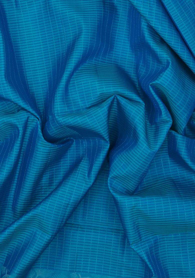Cyan Handloom Soft Silk Saree With Checks Floral Border With Checks And Stripes Design For Women - Indya