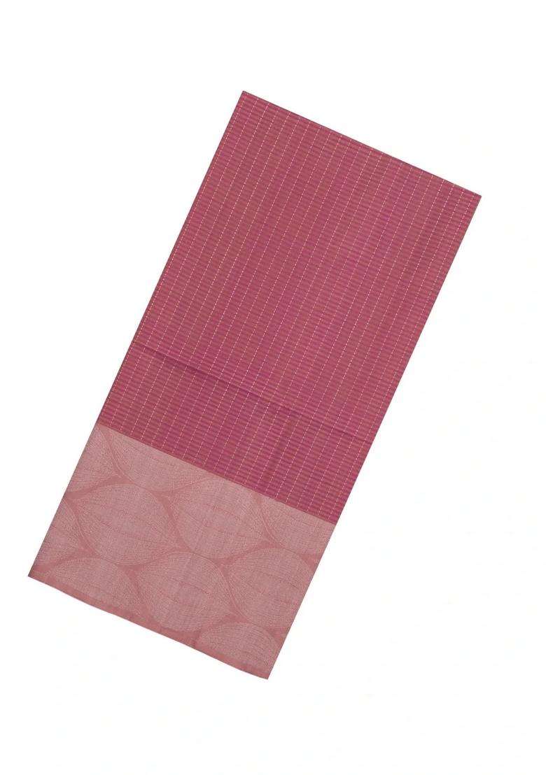 Dusty Pink Handloom Soft Silk Saree With Checks Floral Border With Checks And Stripes Design For Women - Indya