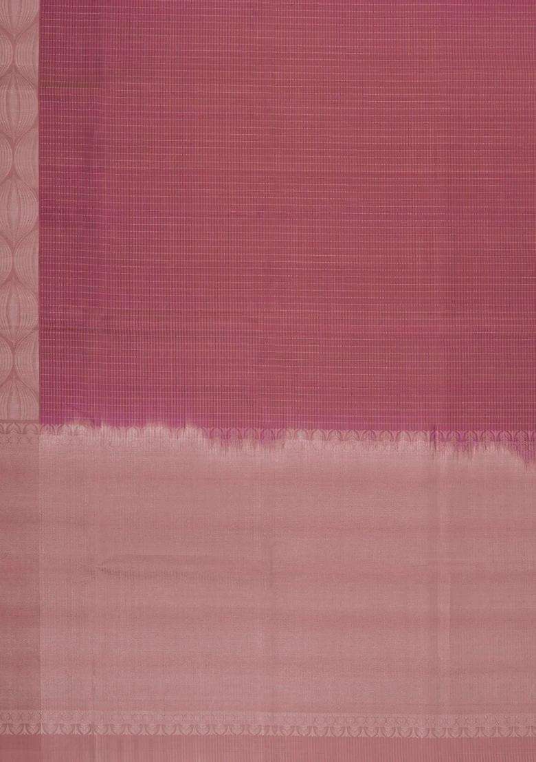 Dusty Pink Handloom Soft Silk Saree With Checks Floral Border With Checks And Stripes Design For Women - Indya