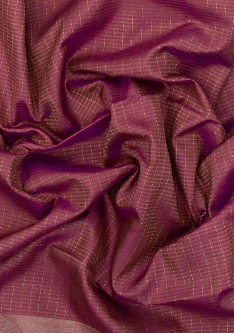 Dusty Pink Handloom Soft Silk Saree With Checks Floral Border With Checks And Stripes Design For Women - Indya