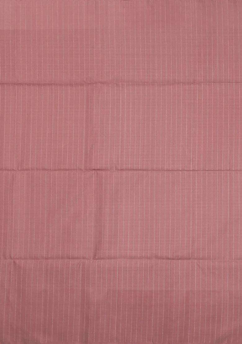 Dusty Pink Handloom Soft Silk Saree With Checks Floral Border With Checks And Stripes Design For Women - Indya