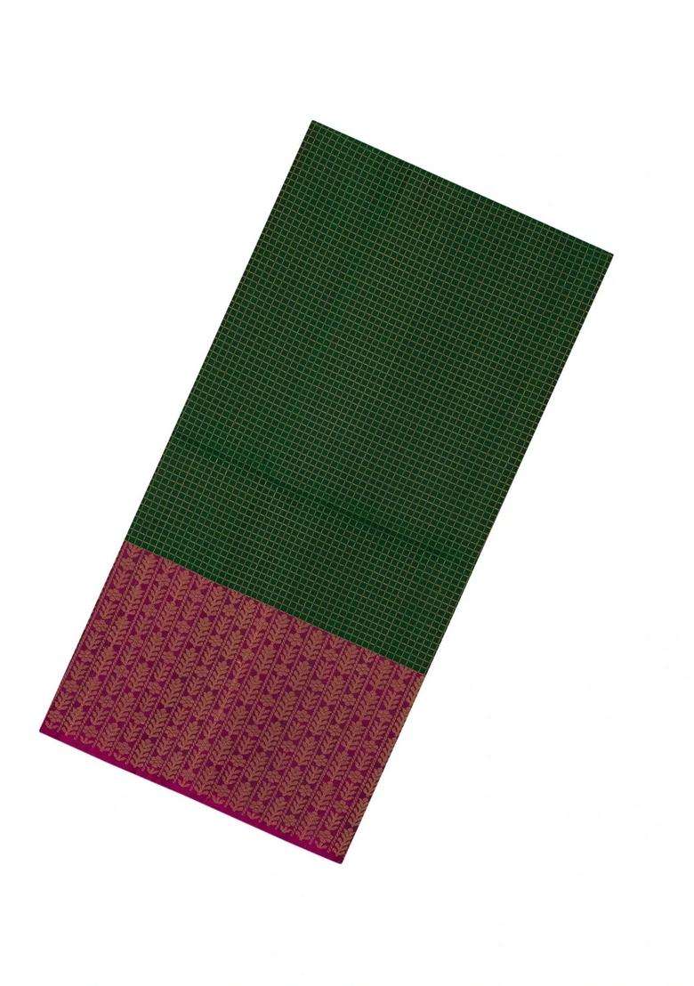 Bottle Green Handloom Soft Silk Saree With Checks Contrast Border With Checks And Stripes Design For Women - Indya