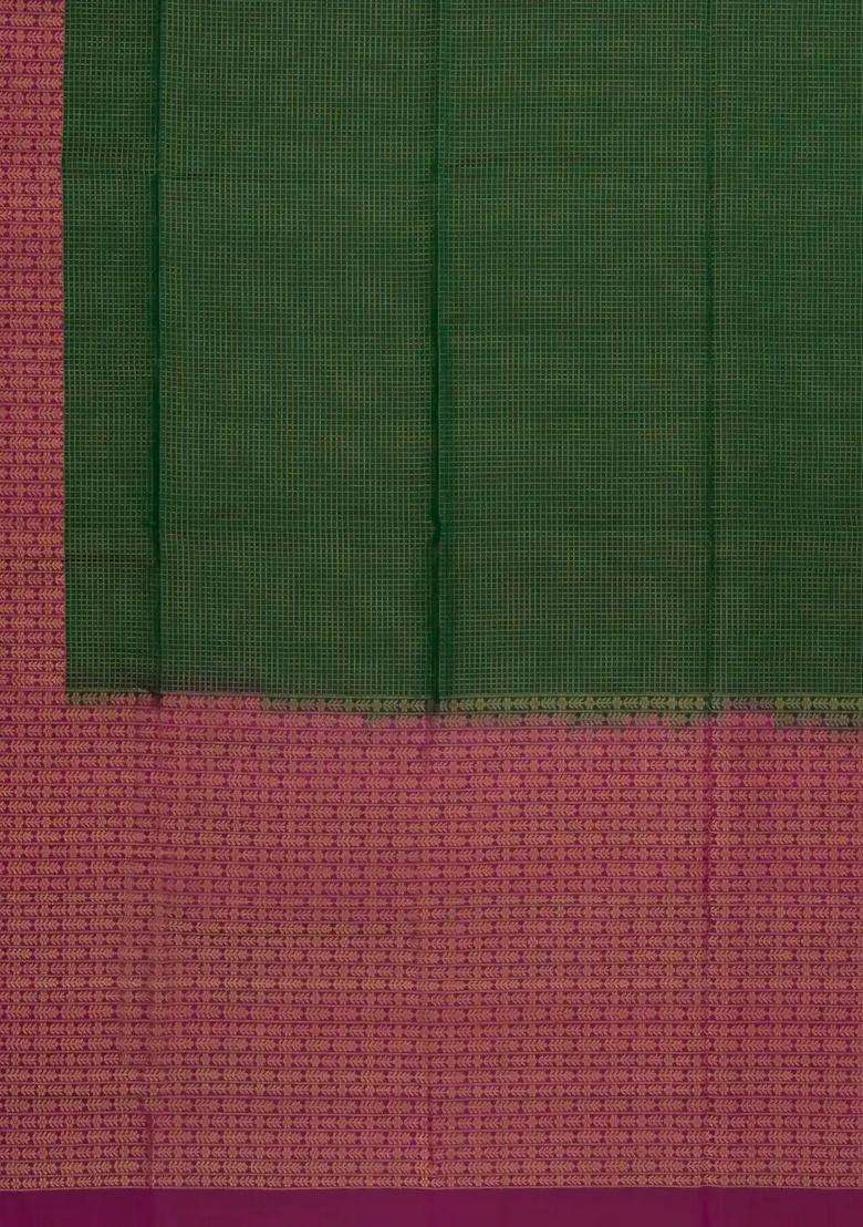Bottle Green Handloom Soft Silk Saree With Checks Contrast Border With Checks And Stripes Design For Women - Indya