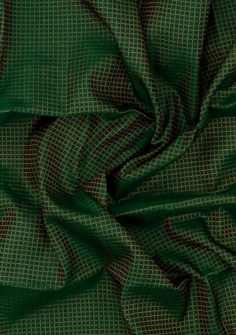 Bottle Green Handloom Soft Silk Saree With Checks Contrast Border With Checks And Stripes Design For Women - Indya