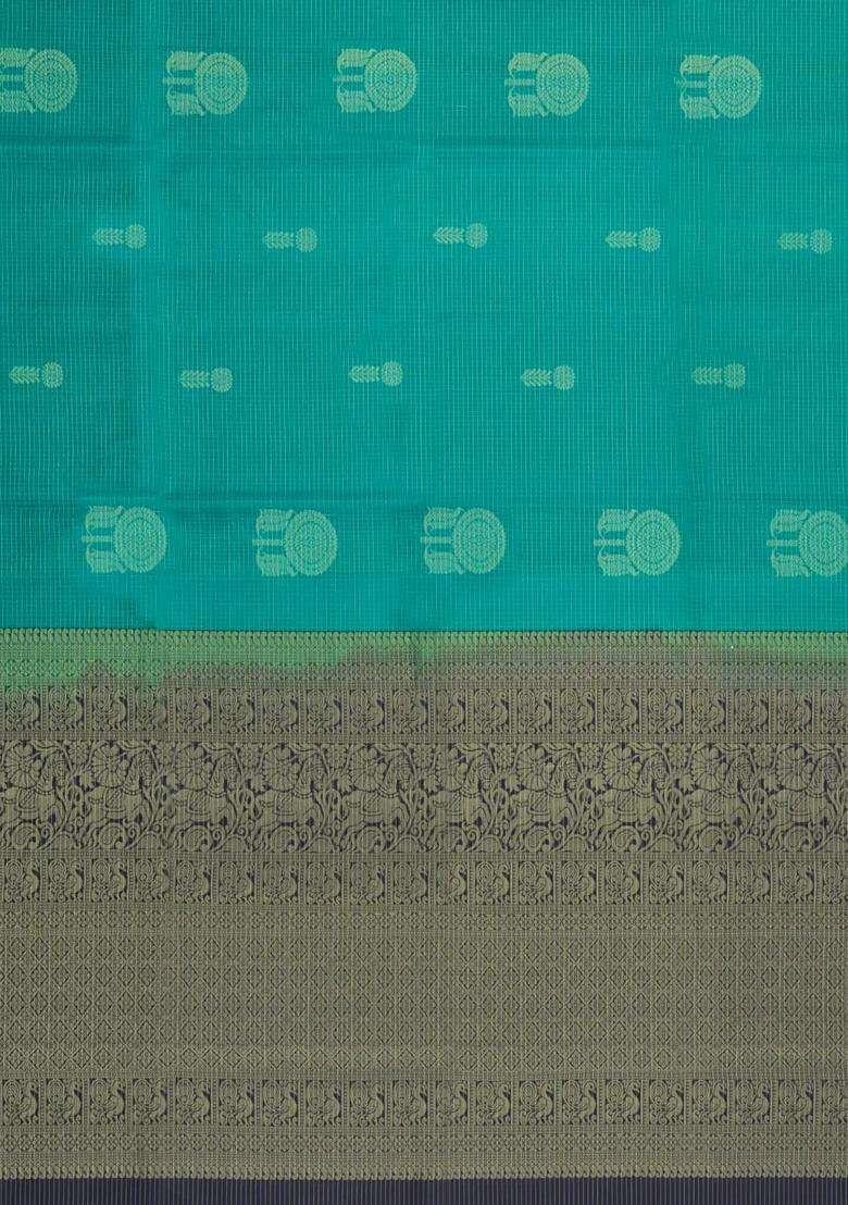 Aquamarine Handloom Soft Silk Saree With Checks Contrast Pallu With Checks And Stripes Design For Women - Indya