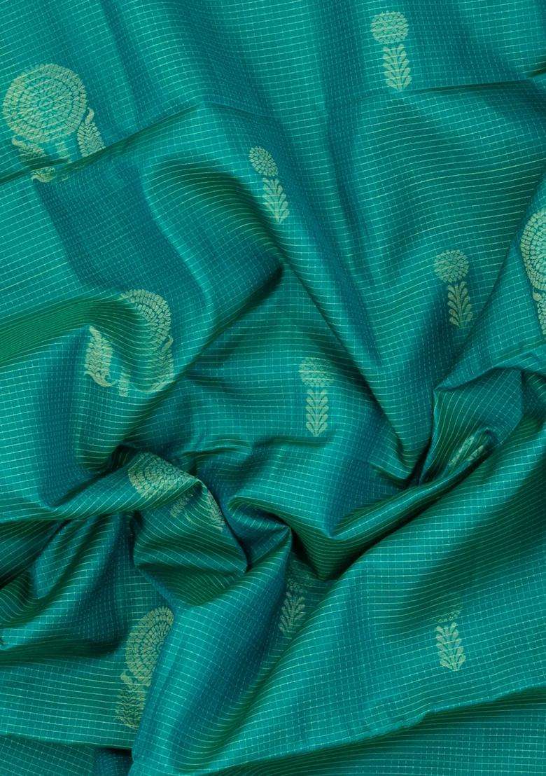 Aquamarine Handloom Soft Silk Saree With Checks Contrast Pallu With Checks And Stripes Design For Women - Indya