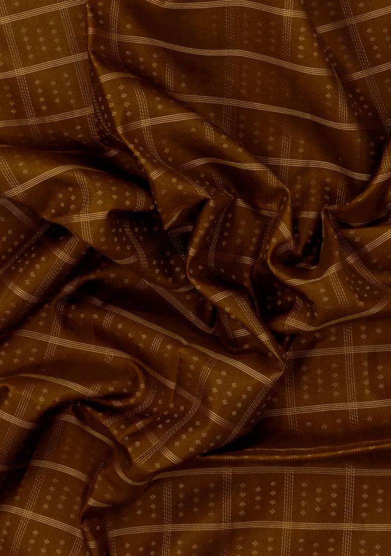 Dark Olive Handloom Soft Silk Saree With Checks Diamond Motifs With Checks And Stripes Design For Women - Indya