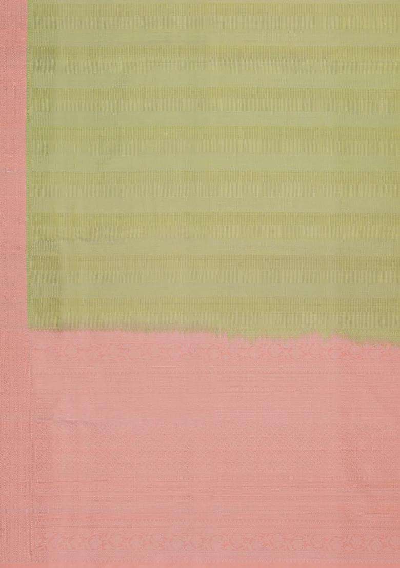 Pista Greem Handloom Soft Silk Saree With Stripes Contrast Border With Buttas And Brocade Design For Women - Indya
