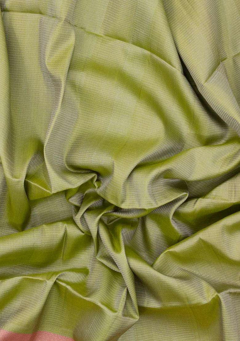 Pista Greem Handloom Soft Silk Saree With Stripes Contrast Border With Buttas And Brocade Design For Women - Indya