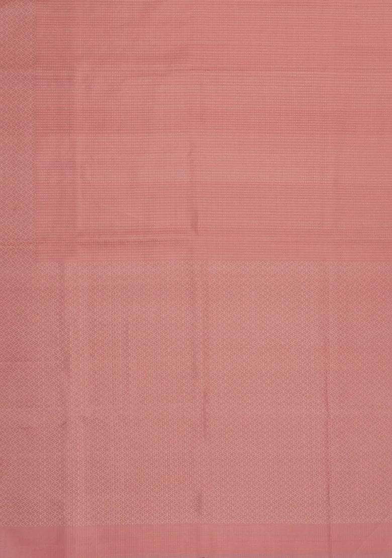 Peach Handloom Soft Silk Saree With Dotted Zari Stripes With Checks And Stripes Design For Women - Indya
