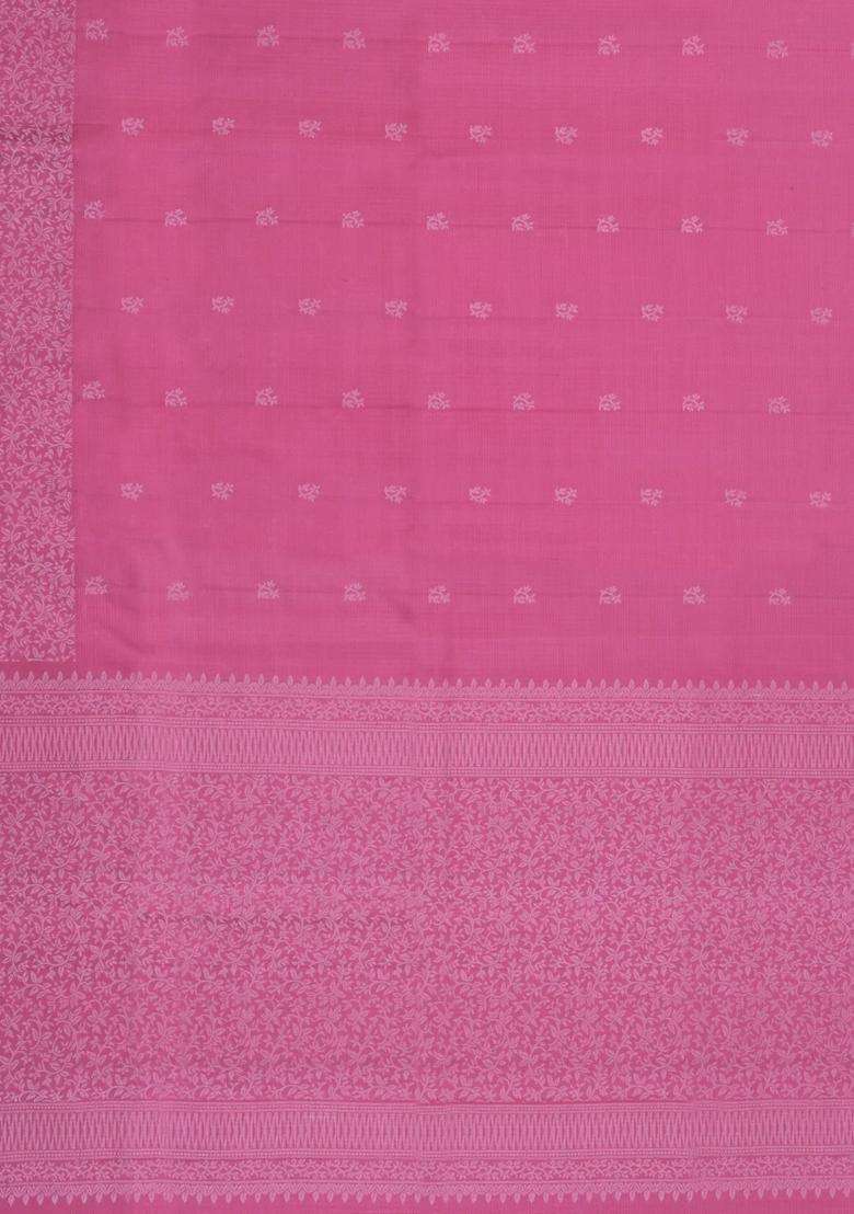 Bubblegum Pink Handloom Soft Silk Saree With Floral Buttas With Buttas And Brocade Design For Women - Indya