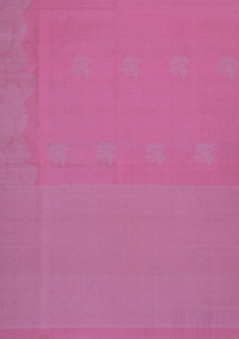 Bubblegum Pink Handloom Soft Silk Saree With Stripes Bird Motifs With Buttas And Brocade Design For Women - Indya