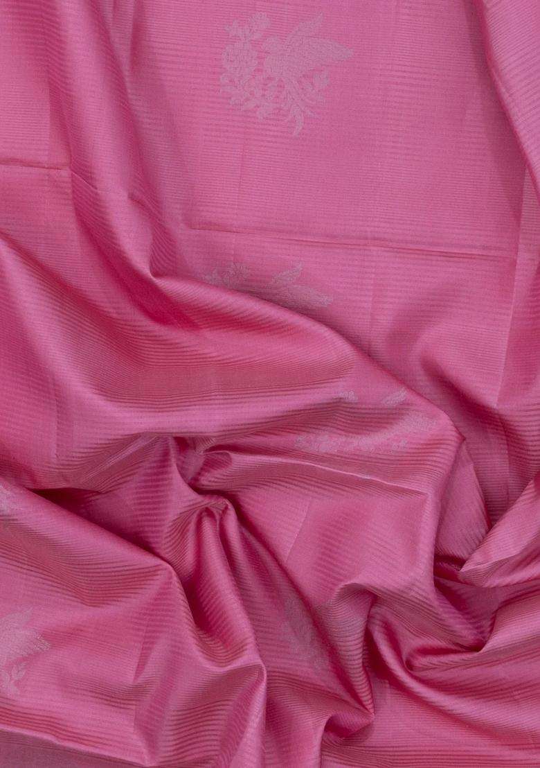 Bubblegum Pink Handloom Soft Silk Saree With Stripes Bird Motifs With Buttas And Brocade Design For Women - Indya