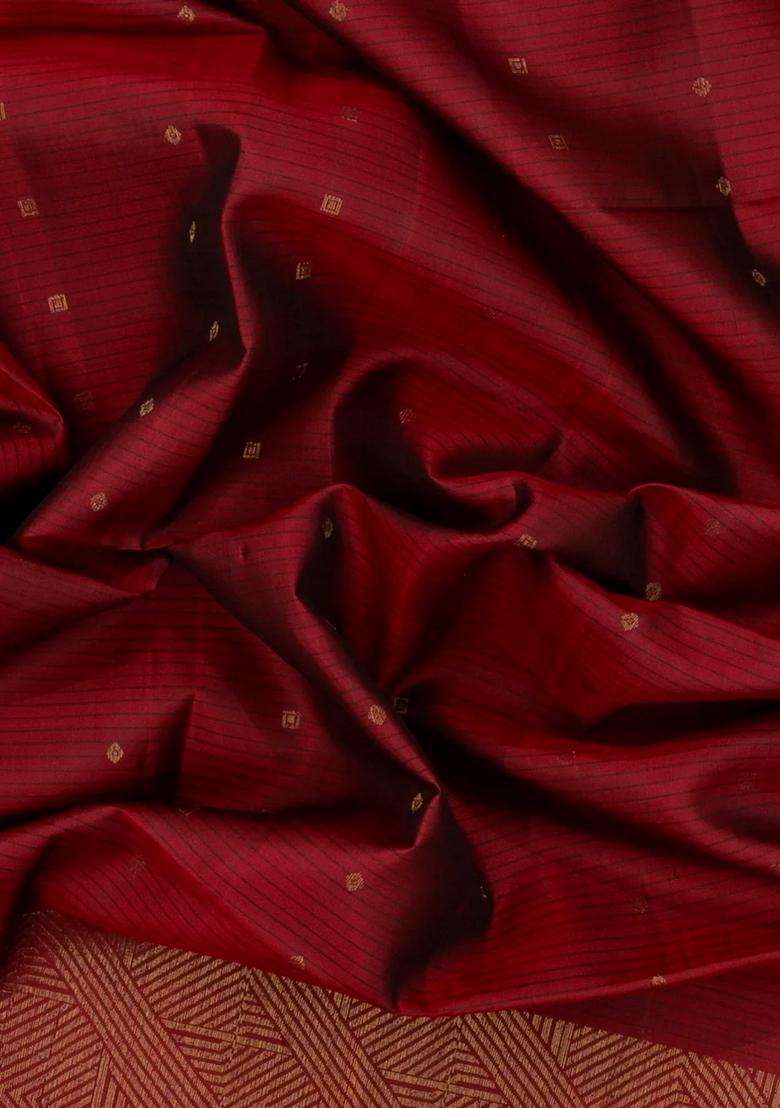 Maroon Handloom Soft Silk Saree With Stripes Buttas With Buttas And Brocade Design For Women - Indya