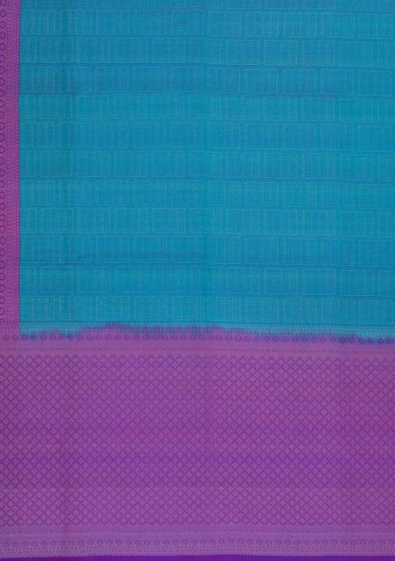 Cyan Handloom Soft Silk Saree With Small Motifs Purple Border With Buttas And Brocade Design For Women - Indya