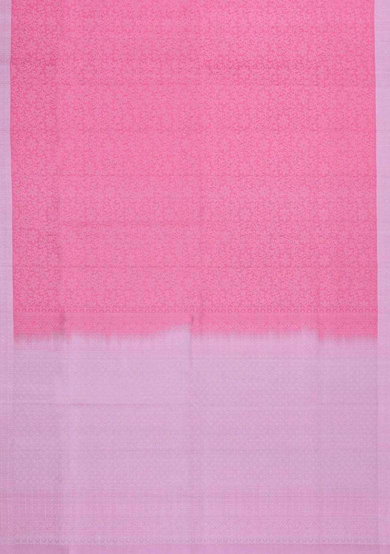 Bubblegum Pink Handloom Soft Silk Saree With Floral Motifs Contrast Border With Buttas And Brocade Design For Women - Indya