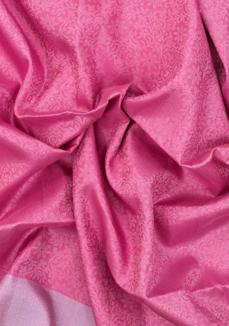 Bubblegum Pink Handloom Soft Silk Saree With Floral Motifs Contrast Border With Buttas And Brocade Design For Women - Indya