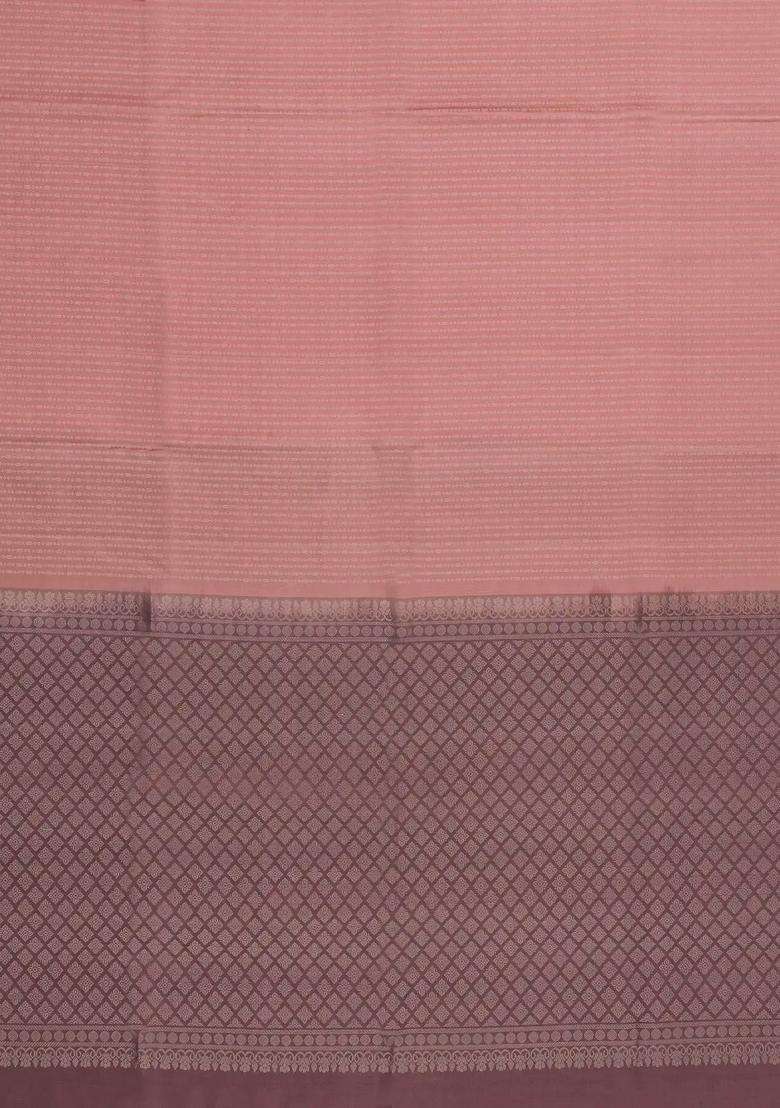 Light Peach Handloom Soft Silk Saree With Floral Stripes Contrast Pallu With Checks And Stripes Design For Women - Indya