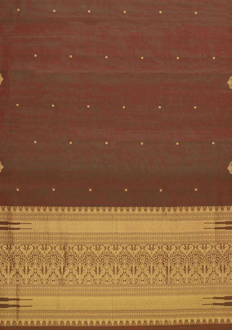 Rust Handloom Silk Cotton Saree With Buttas Contrast Border With Buttas And Brocade Design For Women - Indya