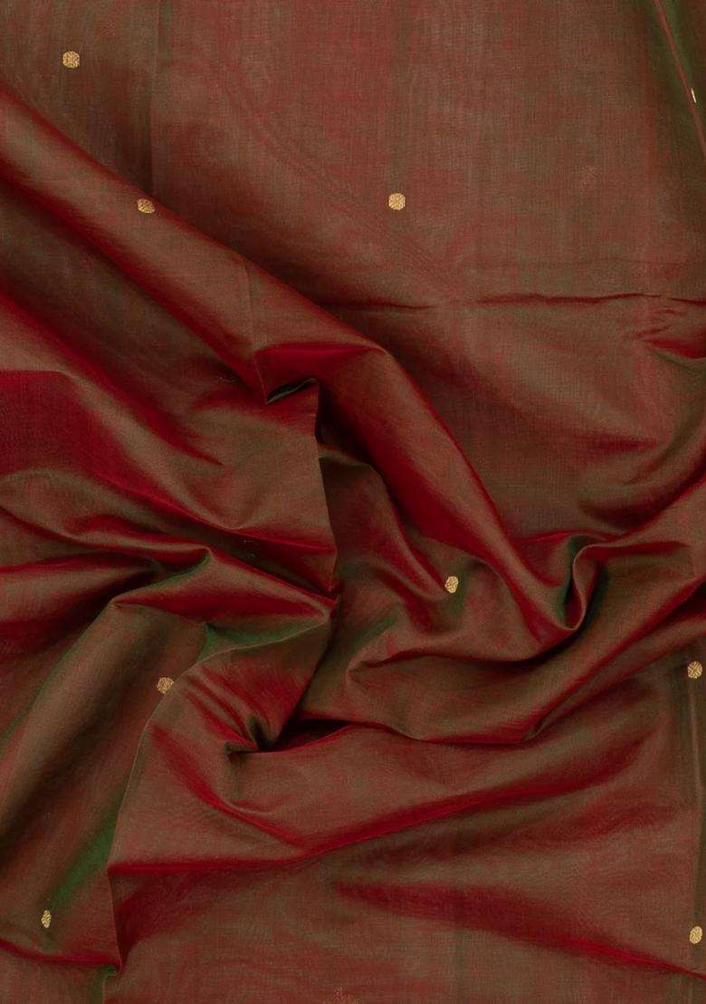 Rust Handloom Silk Cotton Saree With Buttas Contrast Border With Buttas And Brocade Design For Women - Indya