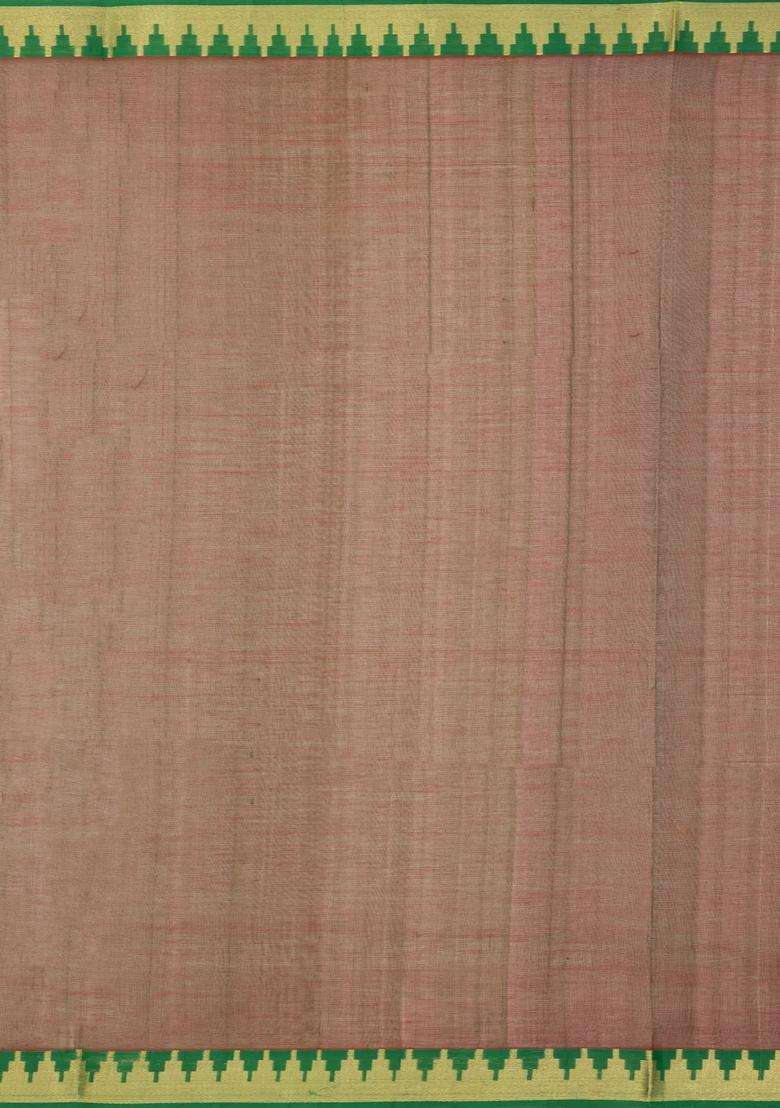 Rust Handloom Silk Cotton Saree With Buttas Contrast Border With Buttas And Brocade Design For Women - Indya