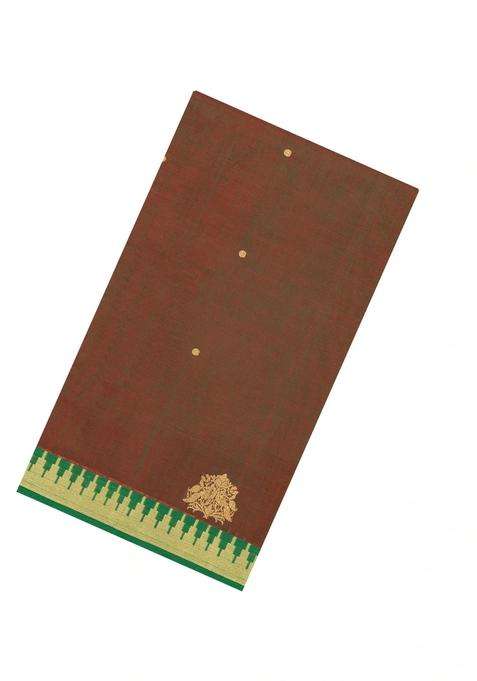 Rust Handloom Silk Cotton Saree With Buttas Contrast Border With Buttas And Brocade Design For Women