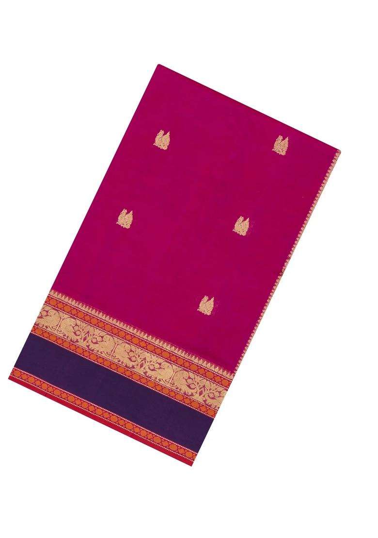 Hot Pink Handloom Silk Cotton Saree With Buttas Contrast Border With Buttas And Brocade Design For Women - Indya