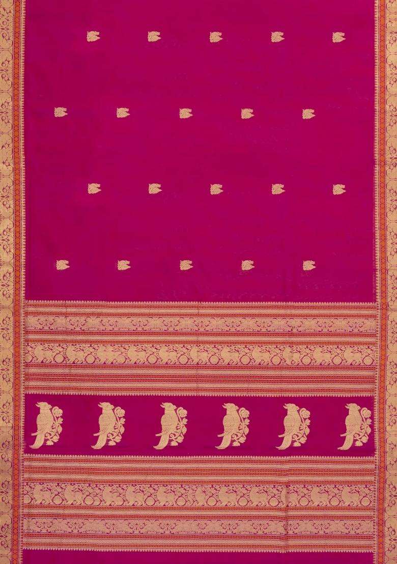 Hot Pink Handloom Silk Cotton Saree With Buttas Contrast Border With Buttas And Brocade Design For Women - Indya