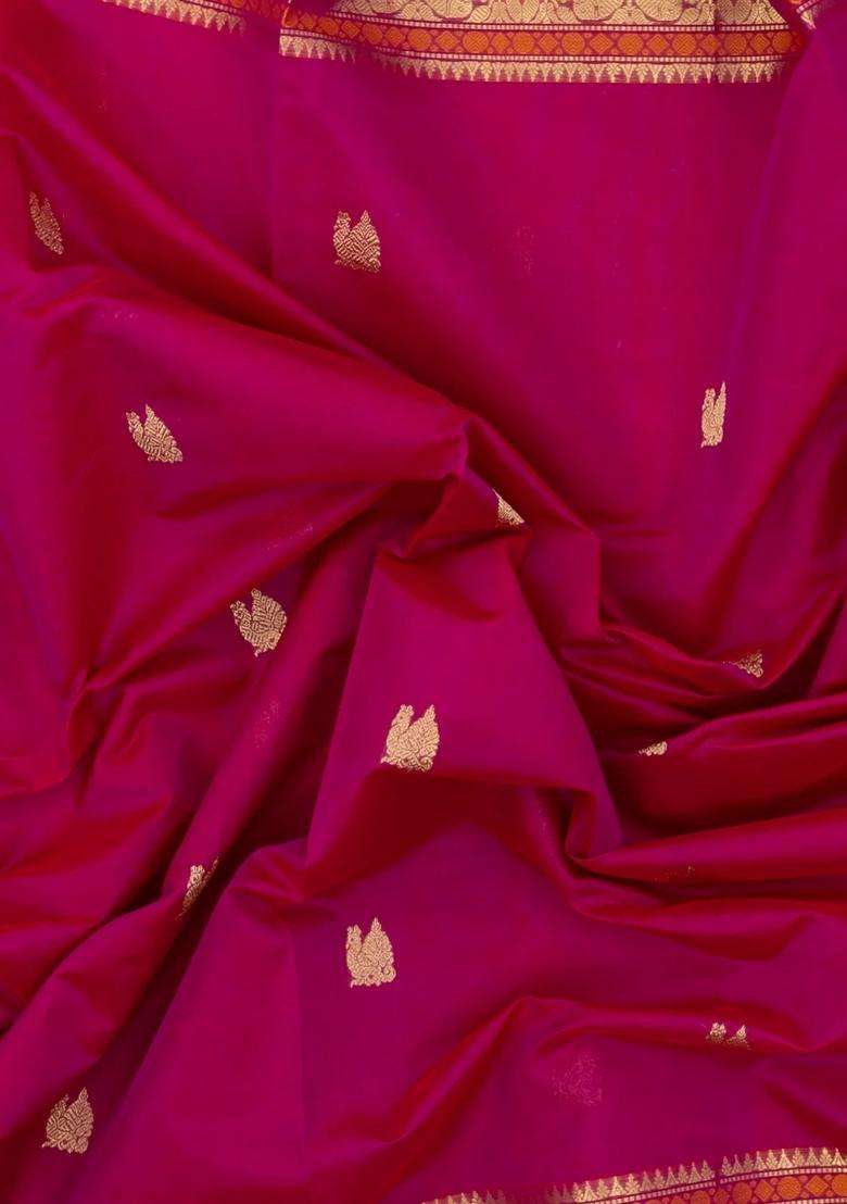 Hot Pink Handloom Silk Cotton Saree With Buttas Contrast Border With Buttas And Brocade Design For Women - Indya