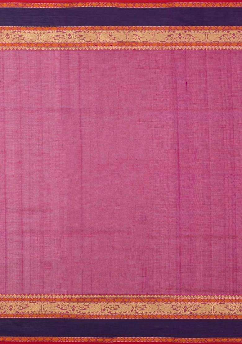 Hot Pink Handloom Silk Cotton Saree With Buttas Contrast Border With Buttas And Brocade Design For Women - Indya