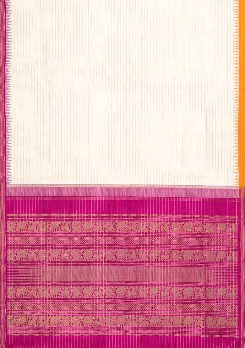 Off White Handloom Korvai Kanchipuram Silk Saree With Stripes With Korvai And Temple Border Design For Women - Indya