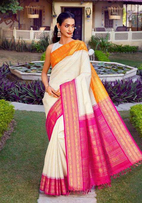 Off White Handloom Korvai Kanchipuram Silk Saree With Stripes With Korvai And Temple Border Design For Women