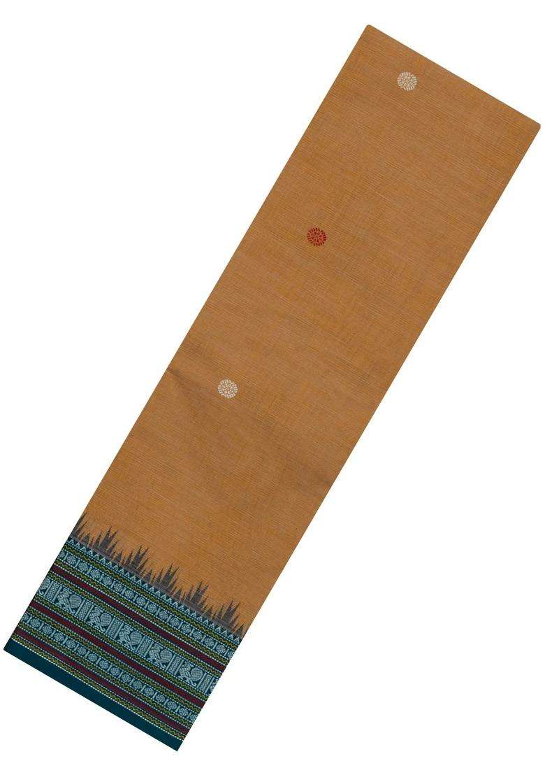 Sandal Handloom Kanchi Cotton Saree With Contrast Silk Border With Buttas And Brocade Design For Women - Indya