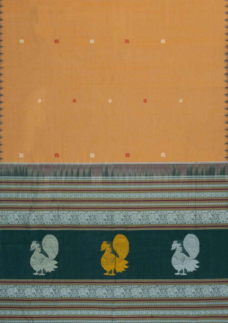 Sandal Handloom Kanchi Cotton Saree With Contrast Silk Border With Buttas And Brocade Design For Women - Indya