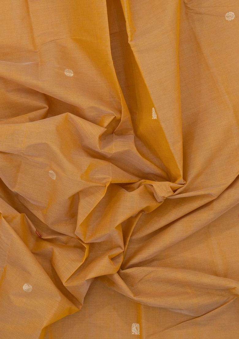 Sandal Handloom Kanchi Cotton Saree With Contrast Silk Border With Buttas And Brocade Design For Women - Indya