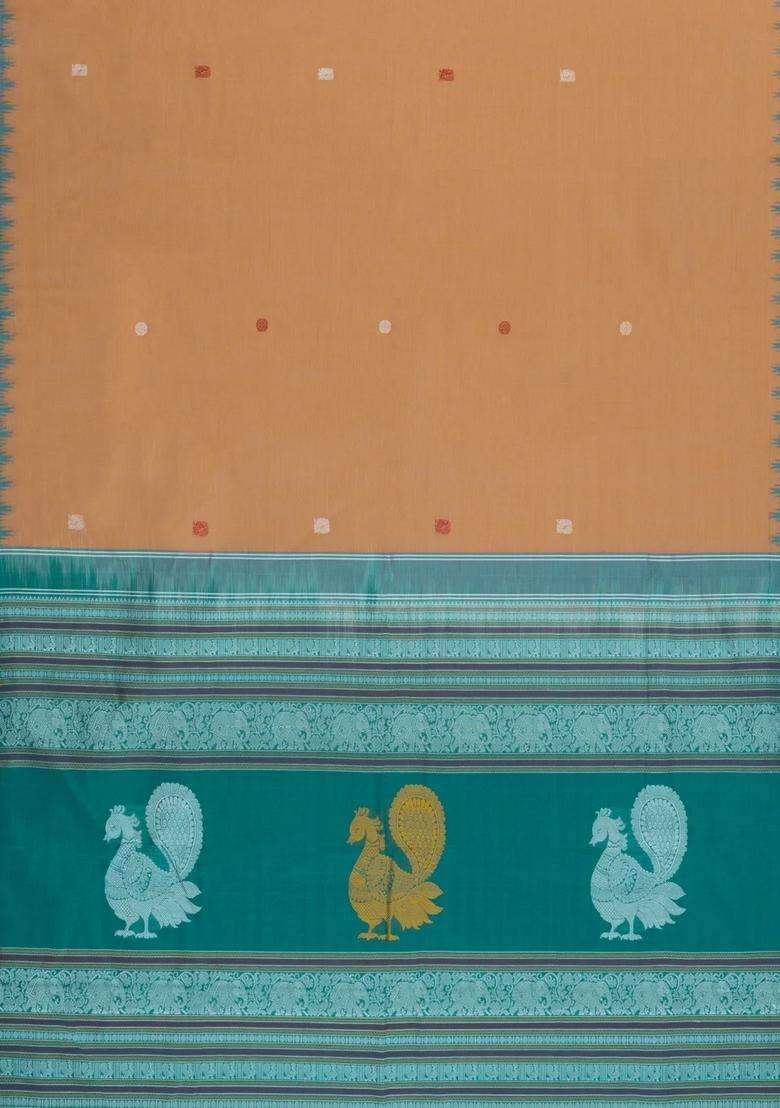 Sandal Handloom Kanchi Cotton Saree With Contrast Silk Border With Buttas And Brocade Design For Women - Indya