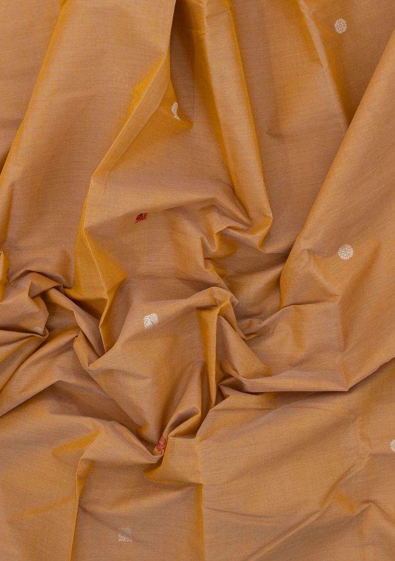 Sandal Handloom Kanchi Cotton Saree With Contrast Silk Border With Buttas And Brocade Design For Women - Indya