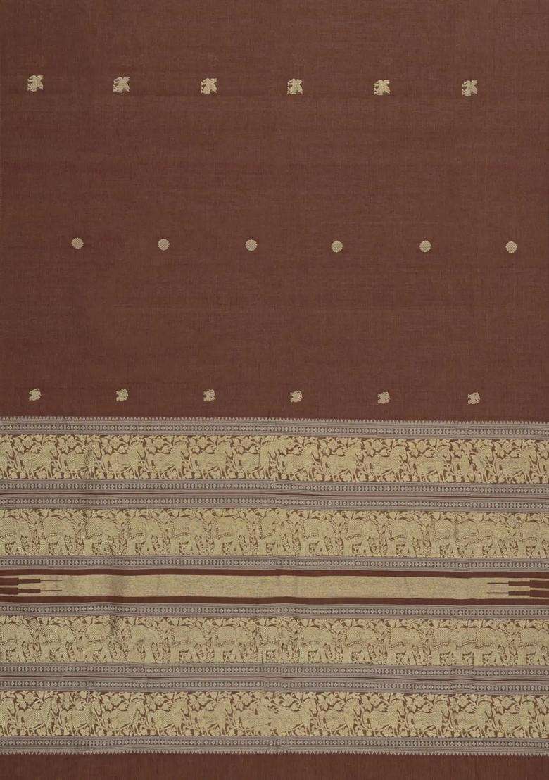 Brown Handloom Kanchi Cotton Saree With Horse Buttas With Buttas And Brocade Design For Women - Indya