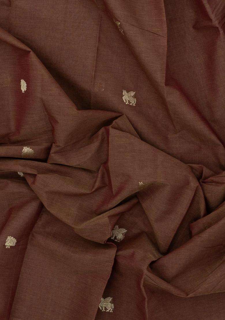 Brown Handloom Kanchi Cotton Saree With Horse Buttas With Buttas And Brocade Design For Women - Indya