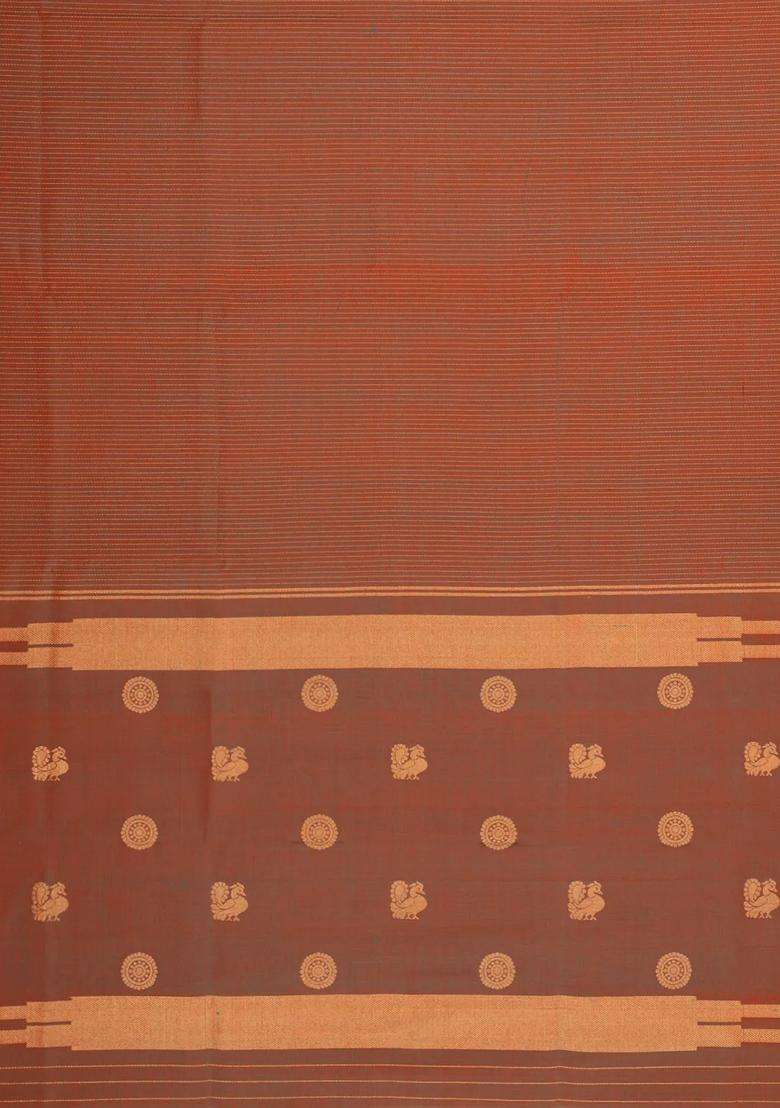 Rust Handloom Silk Cotton Saree With Zari Stripes With Checks And Stripes Design For Women - Indya