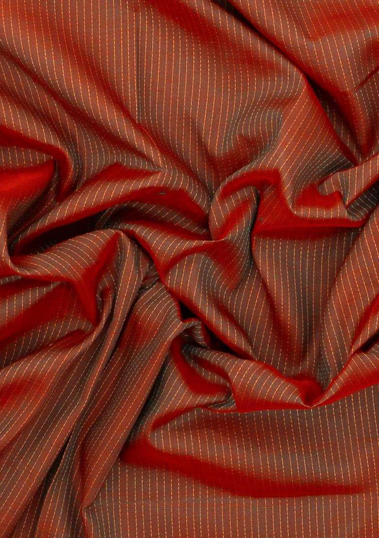Rust Handloom Silk Cotton Saree With Zari Stripes With Checks And Stripes Design For Women - Indya