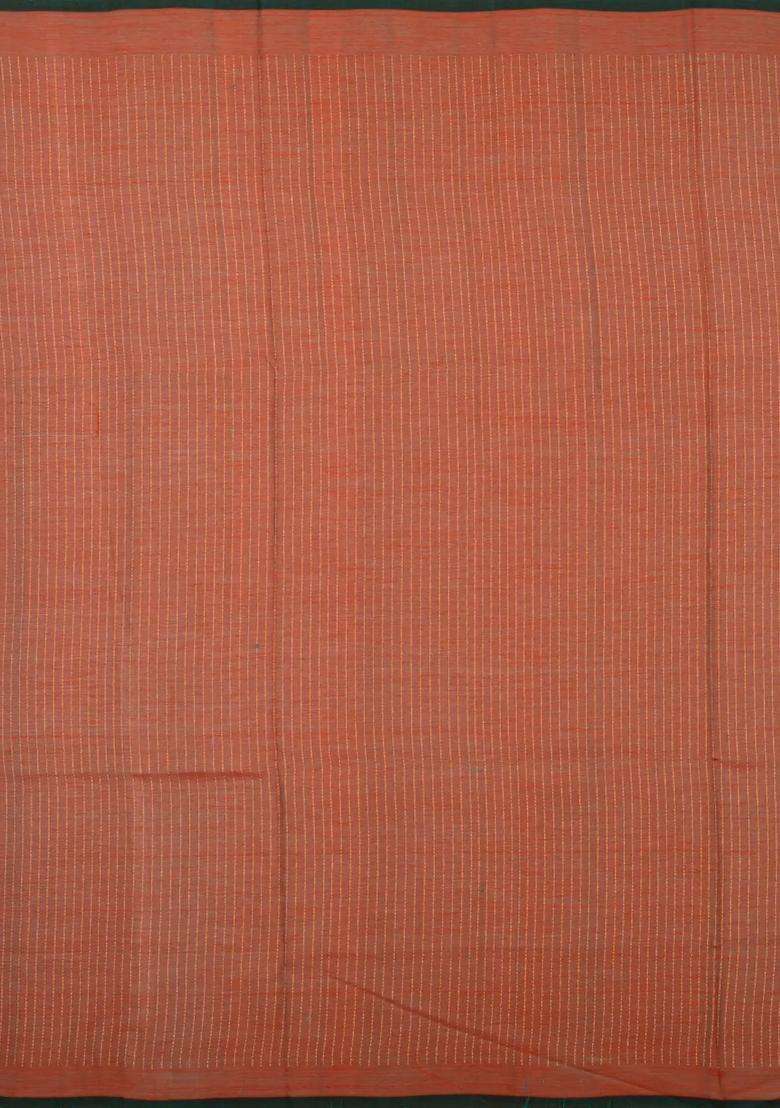 Rust Handloom Silk Cotton Saree With Zari Stripes With Checks And Stripes Design For Women - Indya