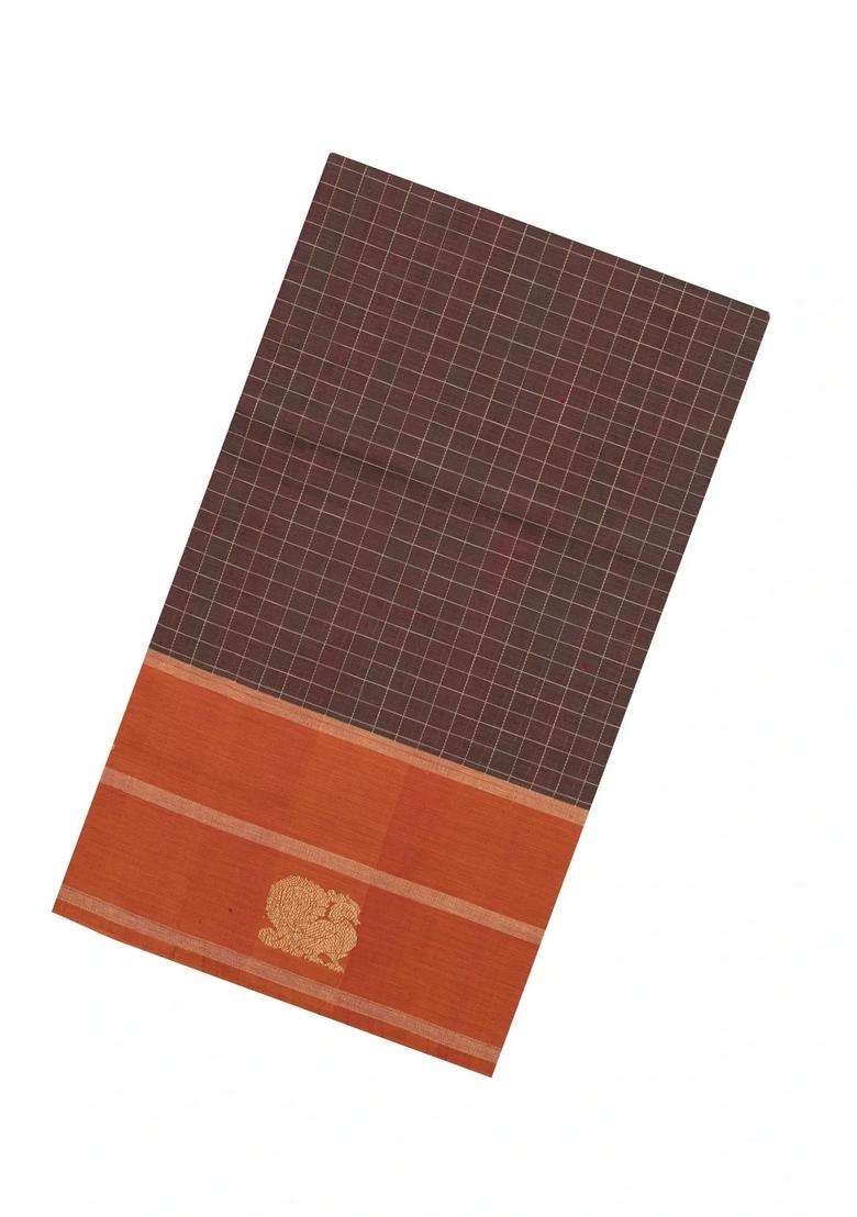 Brown Handloom Silk Cotton Saree With Checks Contrast Border With Checks And Stripes Design For Women - Indya